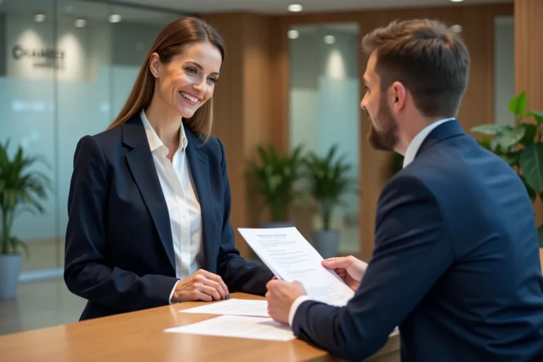 Femme cheffe d'entreprise en discussion avec un conseiller à l'accueil d'une Chambre de Commerce et d'Industrie