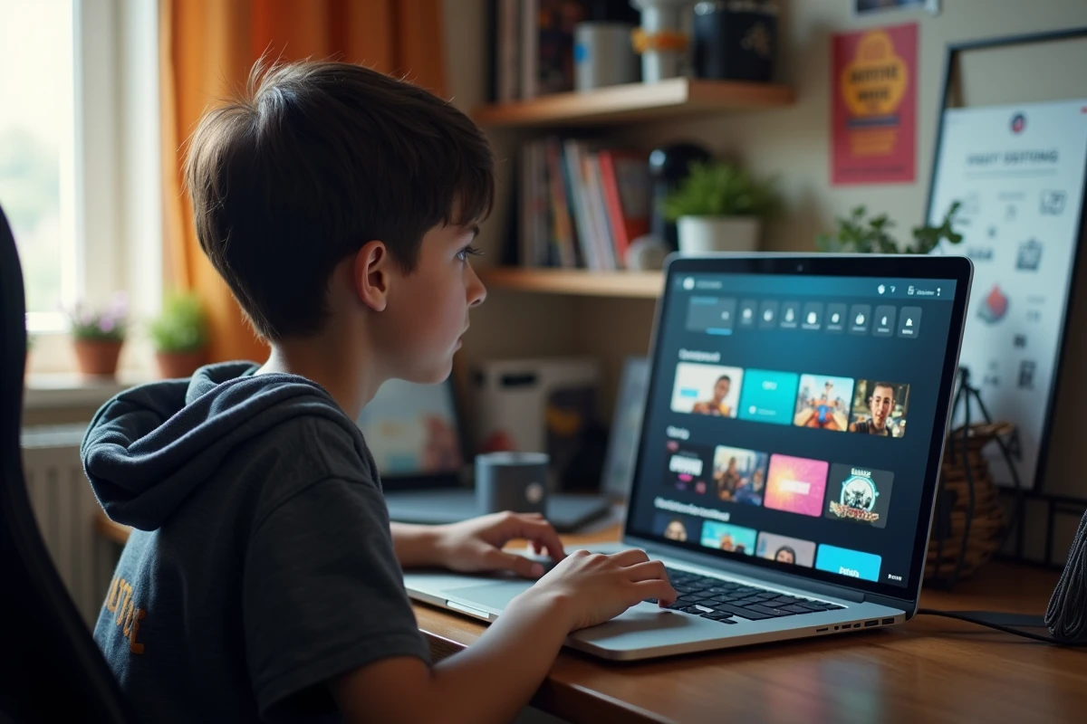 Adolescent regardant un ordinateur portable dans sa chambre