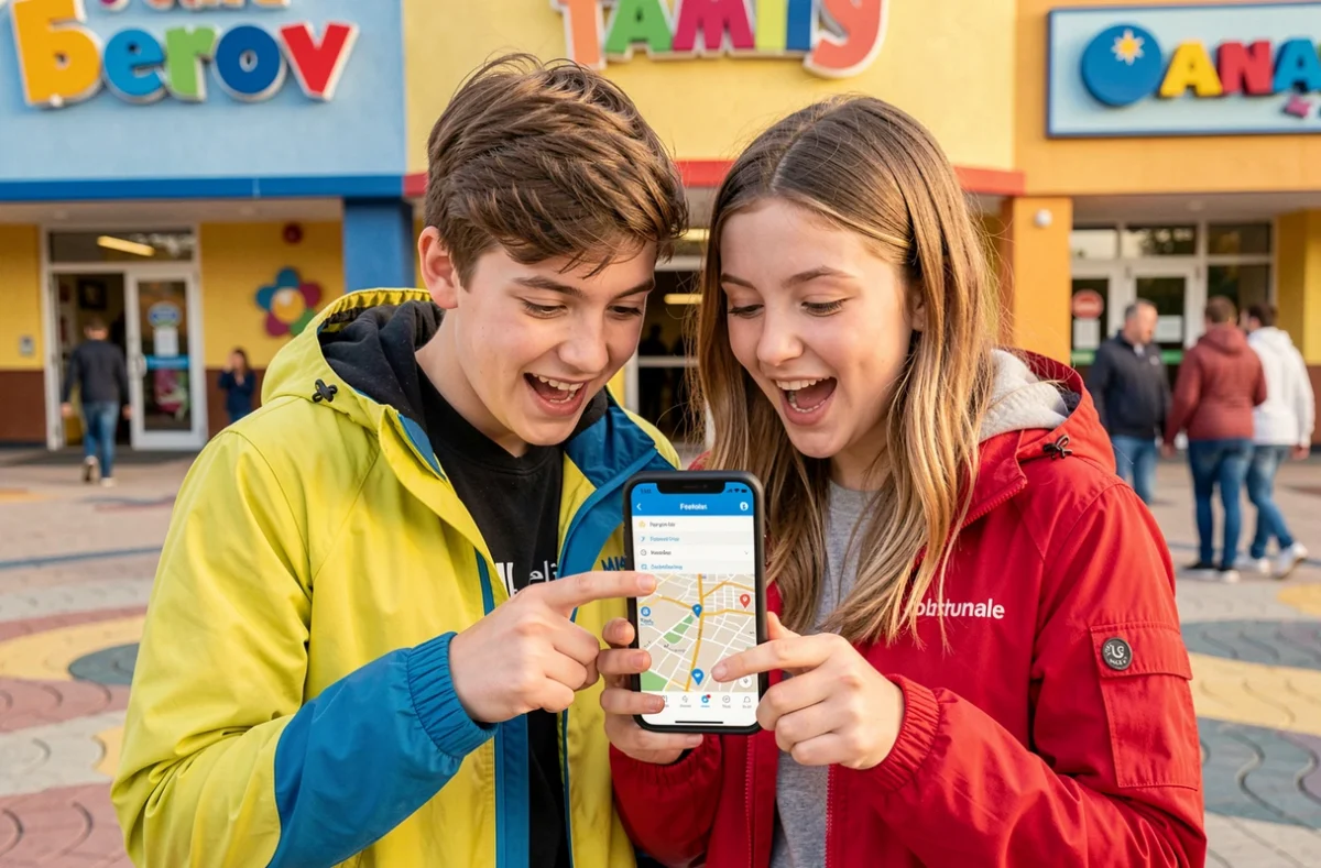 Deux adolescents consultant le plan du site Joker Amusement sur smartphone devant un centre de loisirs