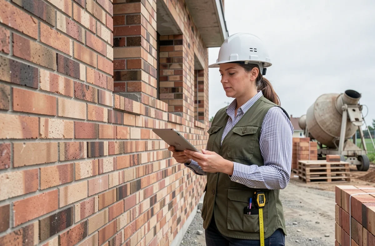 Architecte féminine inspectant la maçonnerie d'un chantier de construction résidentielle avec une tablette numérique