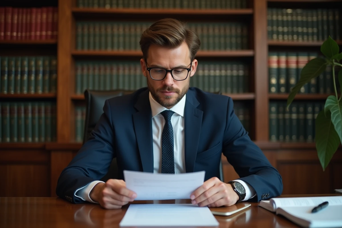 Avocat espagnol consultant un document juridique dans son cabinet, symbolisant l'analyse des lois sur la légalité du poppers en Espagne
