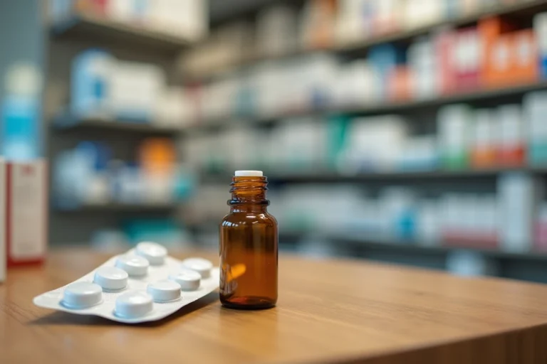 Petite bouteille en verre ambré posée sur le comptoir d'une pharmacie espagnole moderne, entourée de produits de santé, illustration de la vente légale de poppers en Espagne