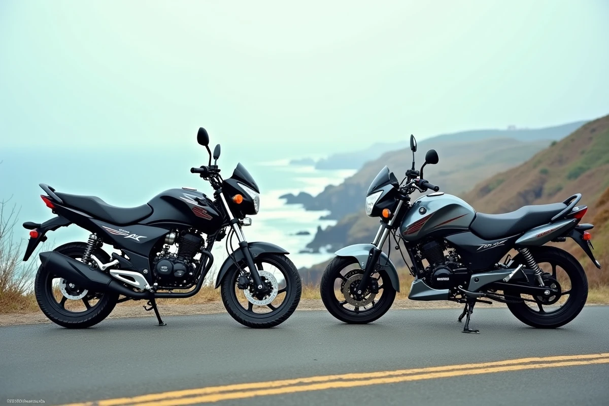 Yamaha Chappy 125 et Honda Dax 125 côte à côte sur une route côtière atlantique, comparaison visuelle des deux deux-roues rétro
