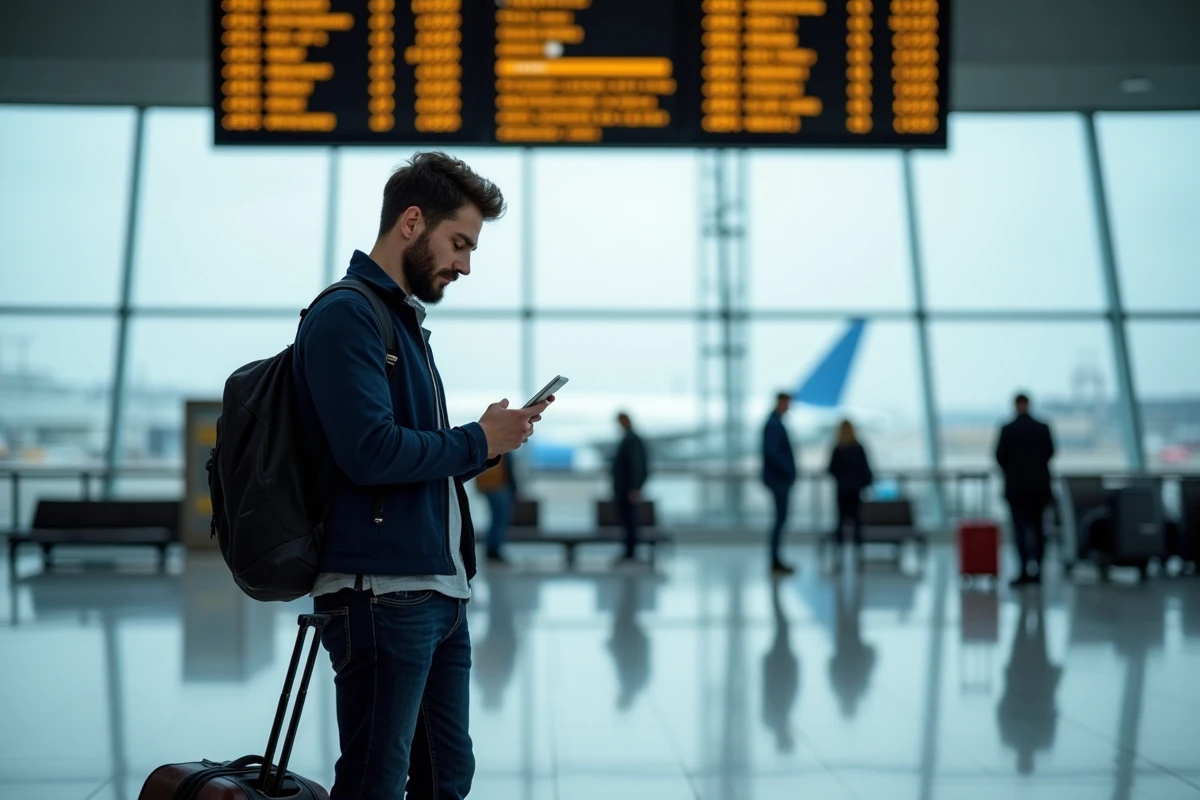 Homme consultant les prix de vols Ryanair sur smartphone dans un aéroport avec bagages
