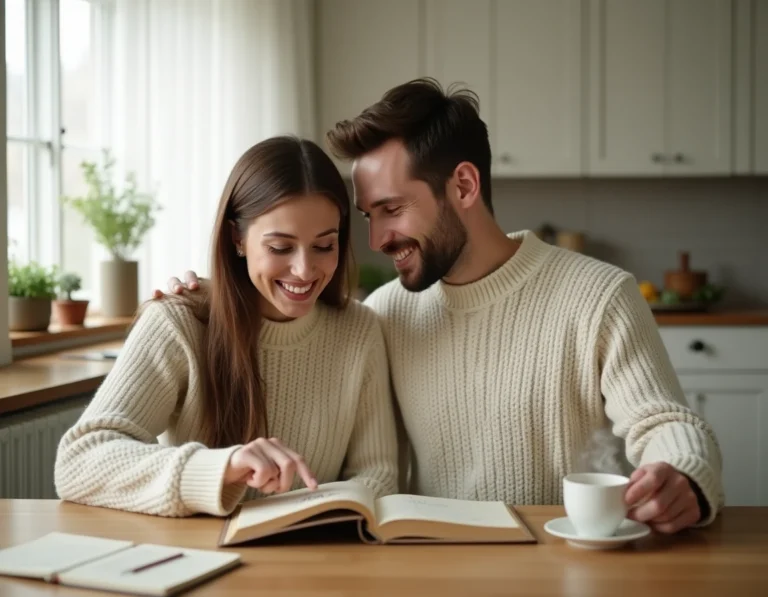 Jeune couple choisissant un prénom original pour leur futur bébé garçon dans une cuisine scandinave
