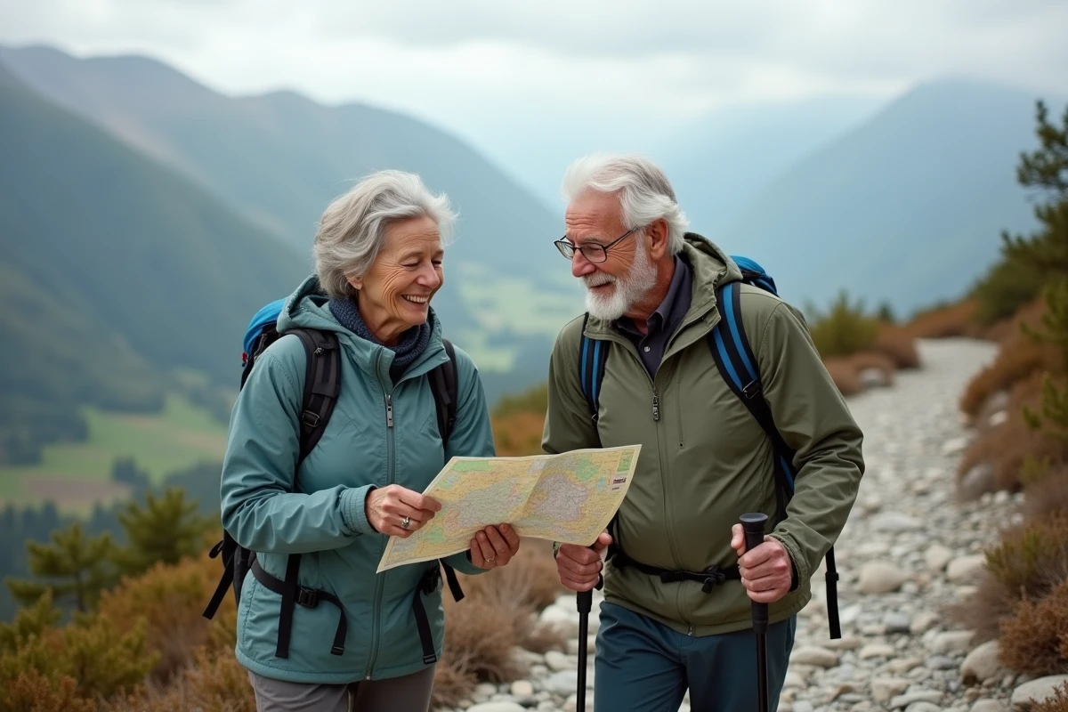 Couple de seniors en randonnée en montagne, profitant de leur retraite avec une activité physique en plein air