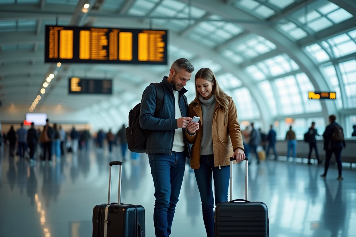 Couple avec valises consultant une offre voyage de dernière minute sur smartphone dans un aéroport