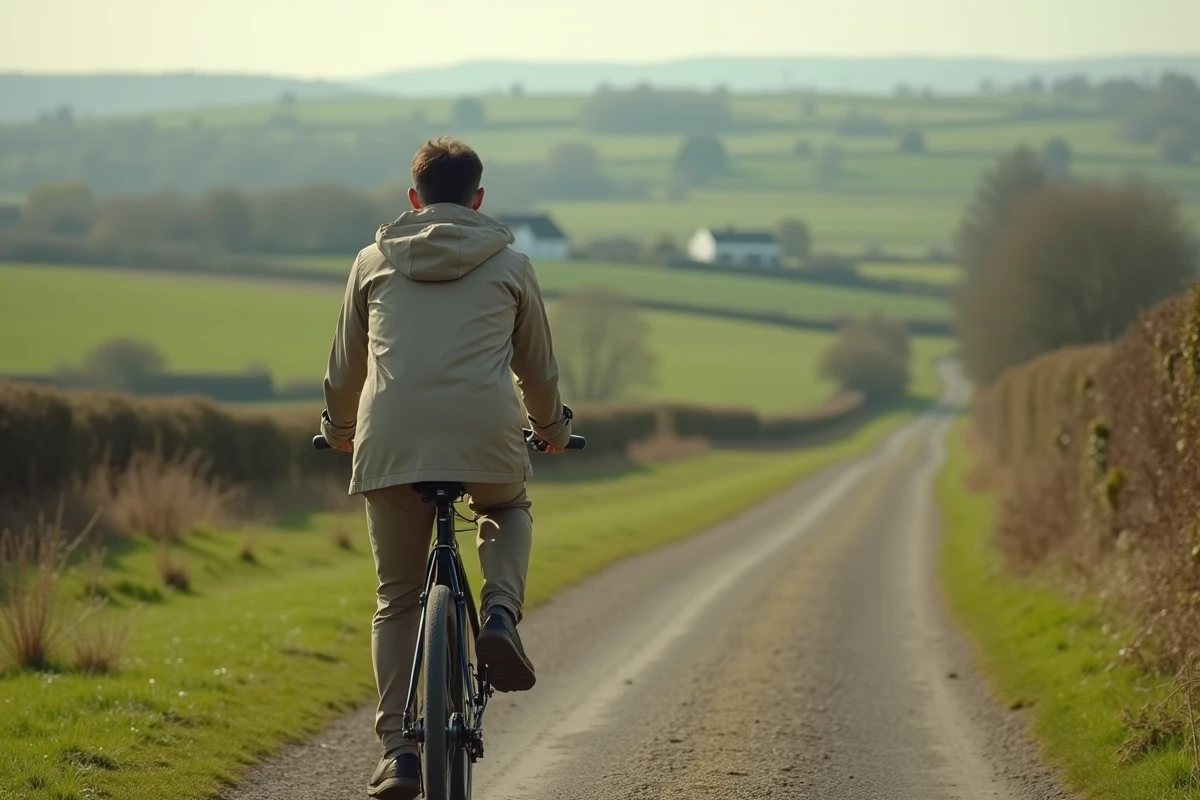 Homme à vélo dans un paysage de champs verts