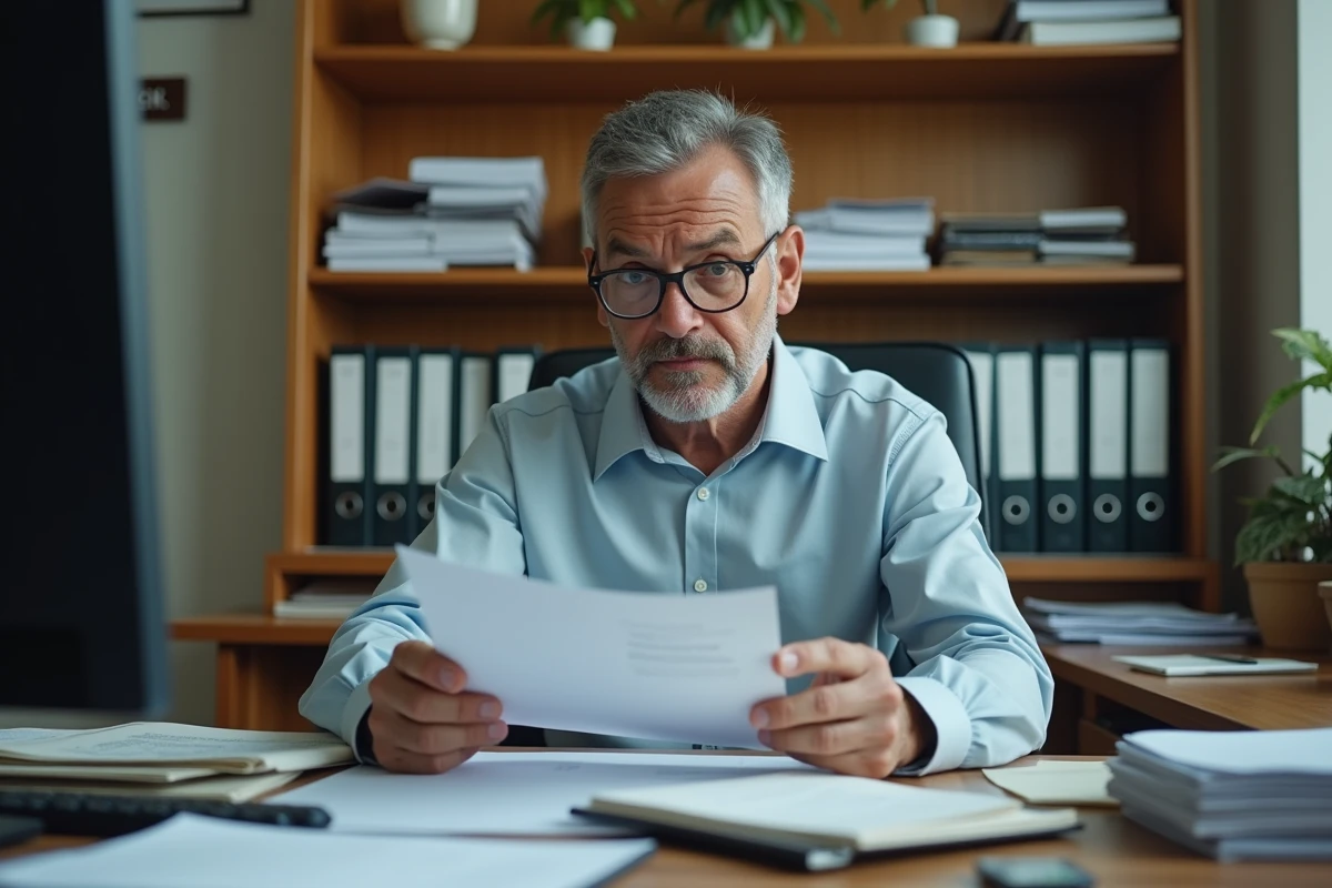 Enseignant du privé examinant un contrat de travail dans un bureau administratif scolaire