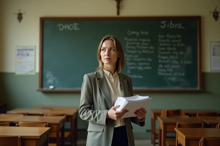 Enseignante dans un établissement scolaire privé catholique, debout devant un tableau noir avec des copies d'élèves à la main