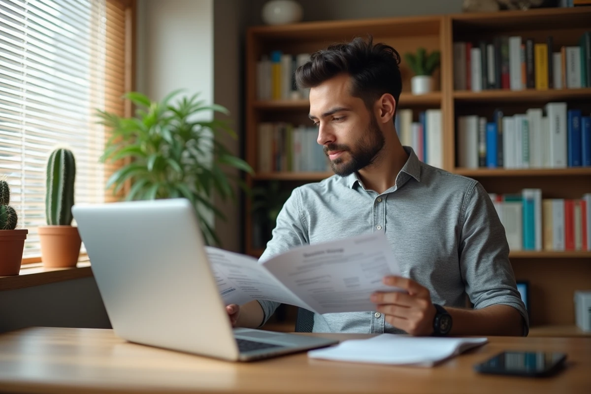 Jeune entrepreneur consultant une brochure sur la création d'entreprise dans un bureau d'accompagnement de la CCI