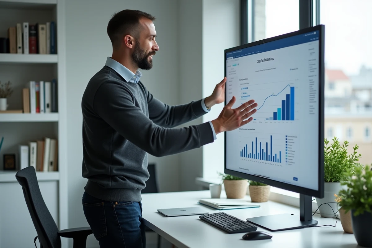 Entrepreneur debout devant son écran affichant un logiciel CRM de gestion commerciale dans un bureau à domicile minimaliste