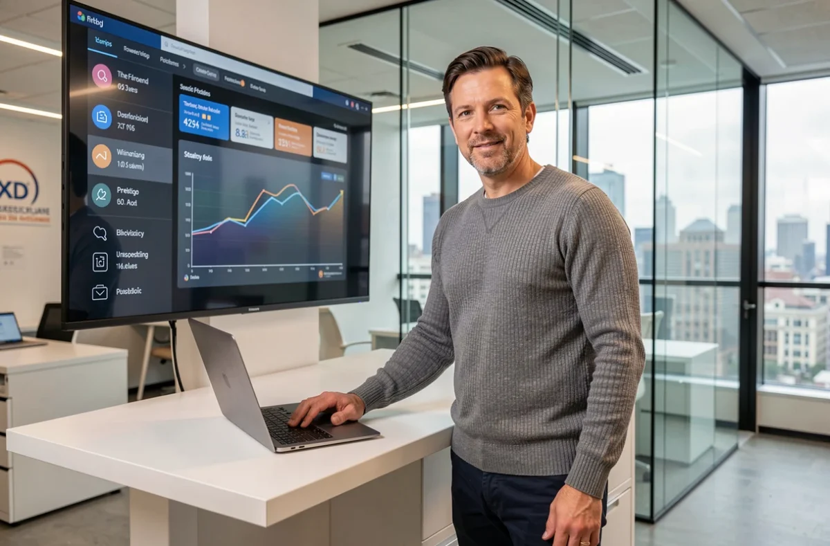 Entrepreneur masculin présentant un tableau de bord numérique dans un bureau d'incubateur de startups avec vue sur la ville