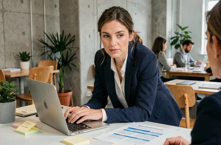 Entrepreneuse en blazer marine travaillant sur son plan d'affaires dans un espace de coworking moderne à Paris