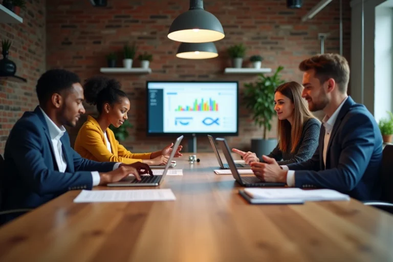 Équipe de professionnels collaborant autour d'une table en bois avec laptops et tablettes dans un bureau moderne ouvert