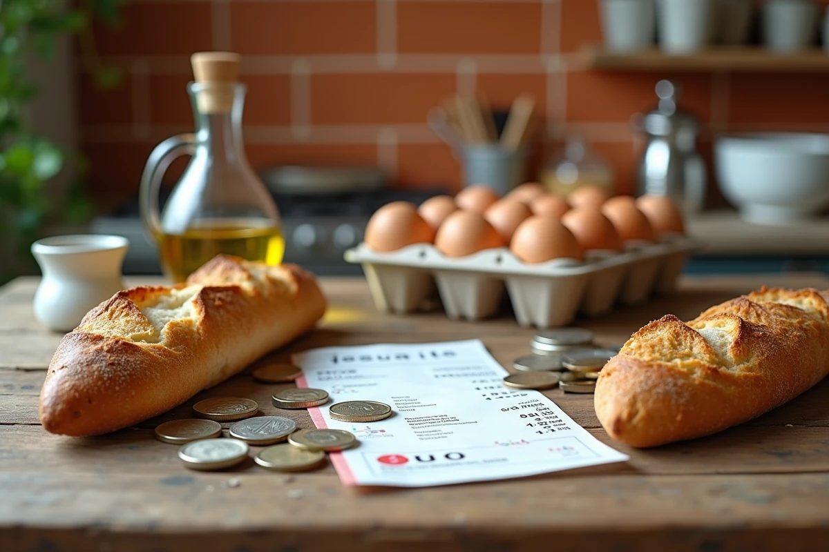 Pièces d'euros, billets et produits alimentaires du quotidien disposés sur une table de cuisine française, symbolisant l'impact de l'inflation sur le budget des ménages en 2025