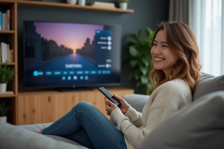 Femme détendue regardant la télévision dans un salon cosy