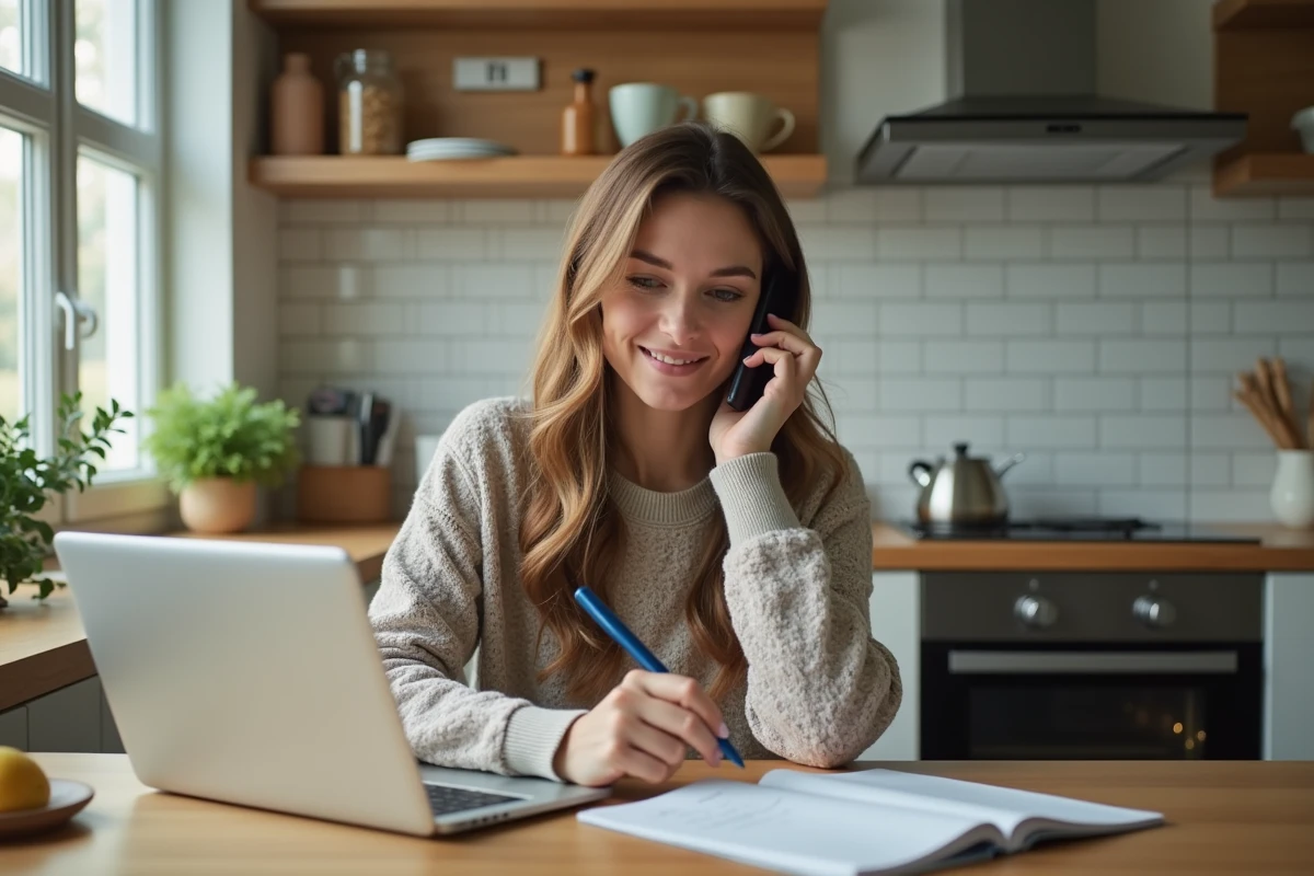 Femme en sweater à la cuisine utilisant une tablette et téléphone
