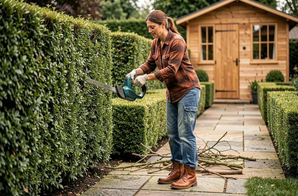 Femme taillant une haie avec une élagueuse électrique compacte dans un jardin bien entretenu avec allée en pierre