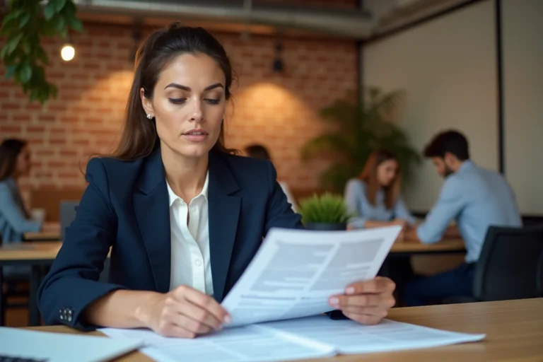 Femme entrepreneure confiante travaillant dans un espace de coworking moderne, illustrant le développement d'entreprise au féminin