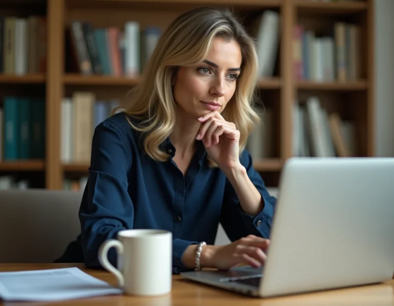 Femme remplissant le formulaire 3233-SD en ligne sur un ordinateur portable dans un bureau à domicile