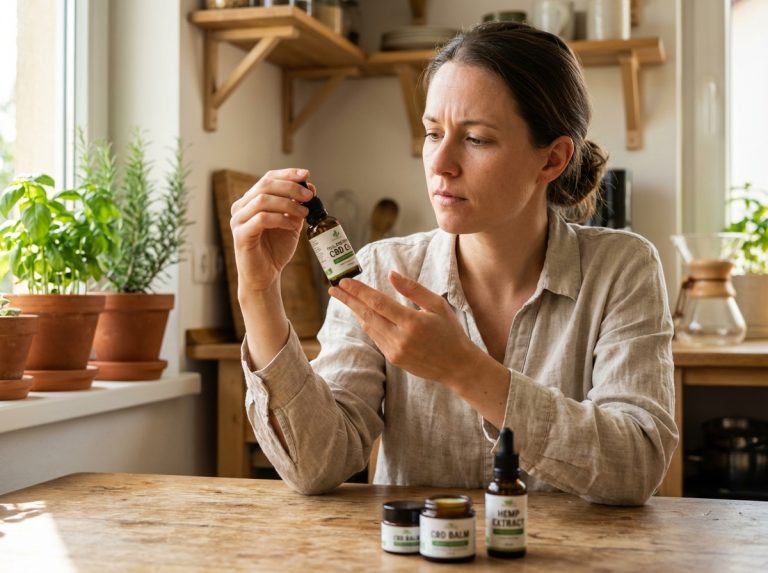 Femme lisant une bouteille de CBD dans une cuisine chaleureuse