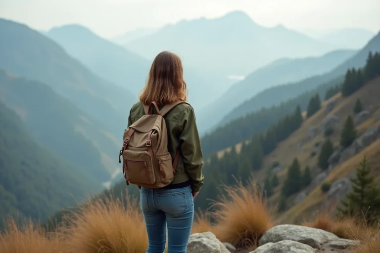 Jeune femme regardant l'horizon en montagne