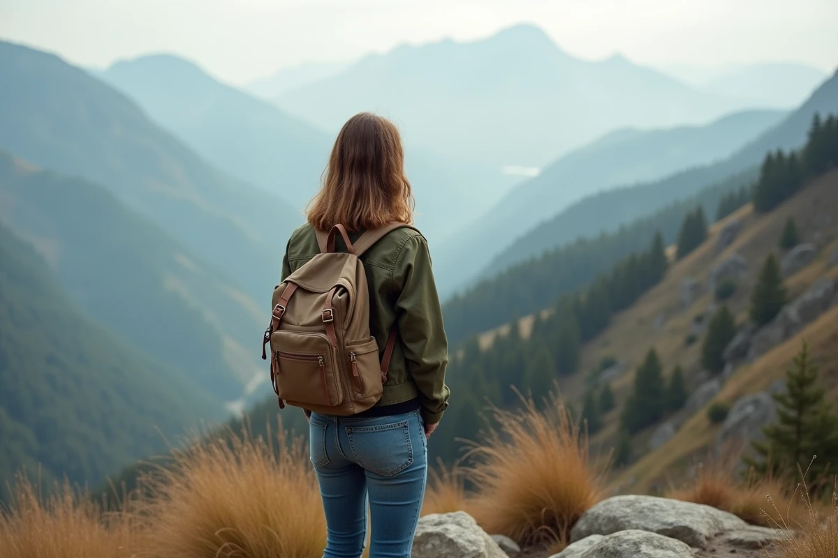 Jeune femme regardant l'horizon en montagne