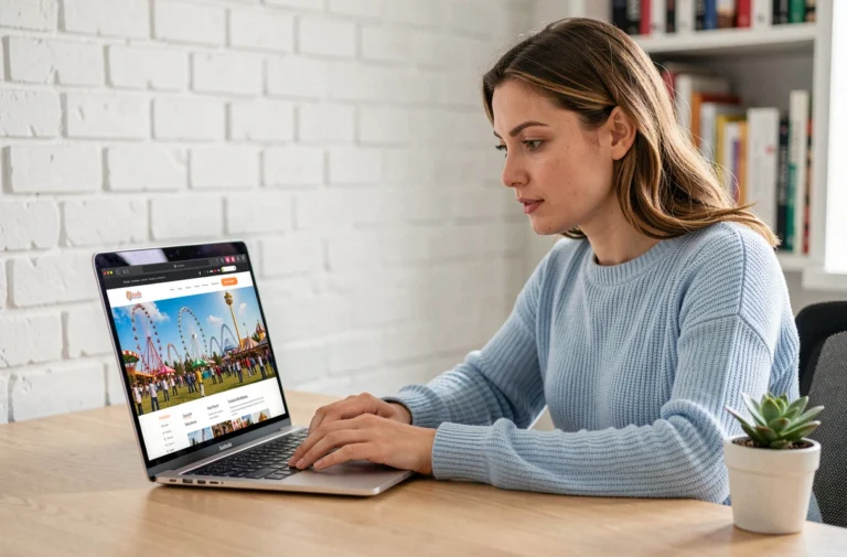 Femme naviguant sur le plan du site Joker Amusement depuis un bureau à domicile