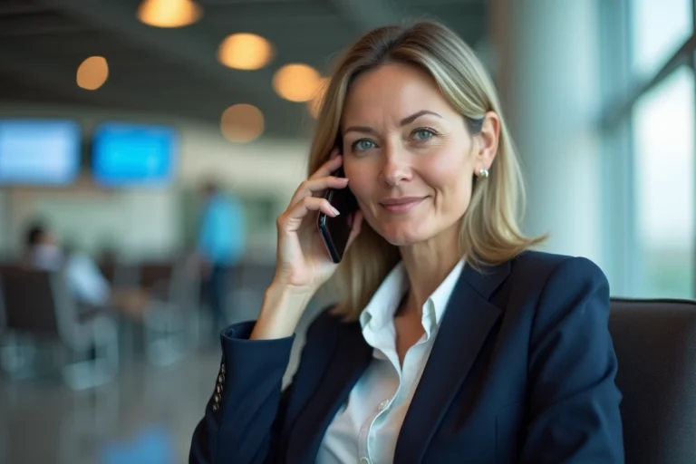 Femme professionnelle en blazer marine téléphonant au service client Flying Blue Platinum dans un salon d'aéroport moderne