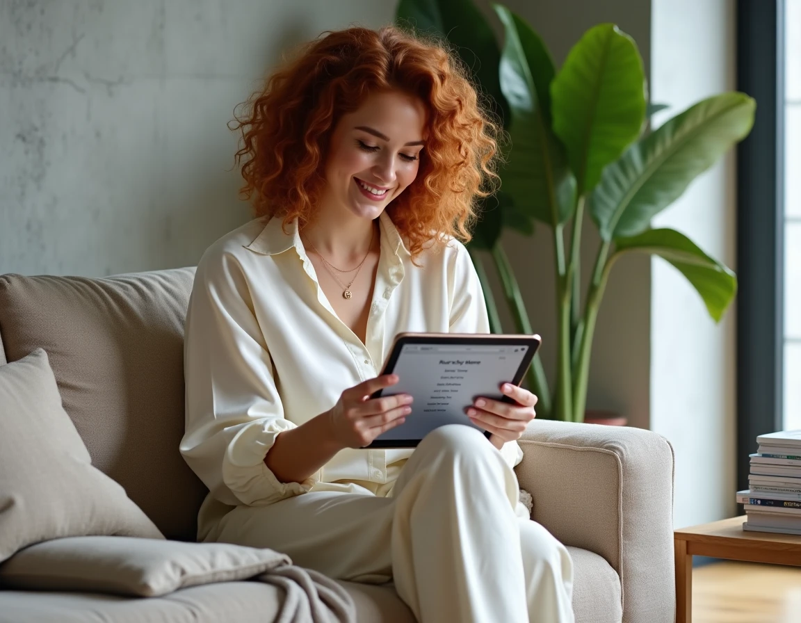 Femme enceinte recherchant des prénoms rares et originaux pour garçon sur une tablette