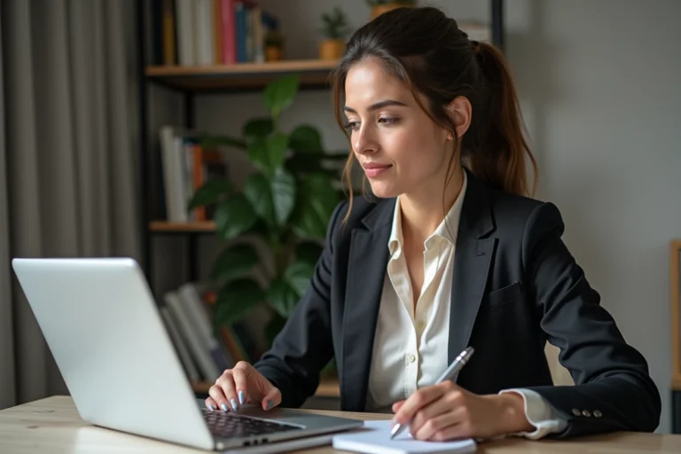 Femme en télétravail devant son ordinateur dans un appartement
