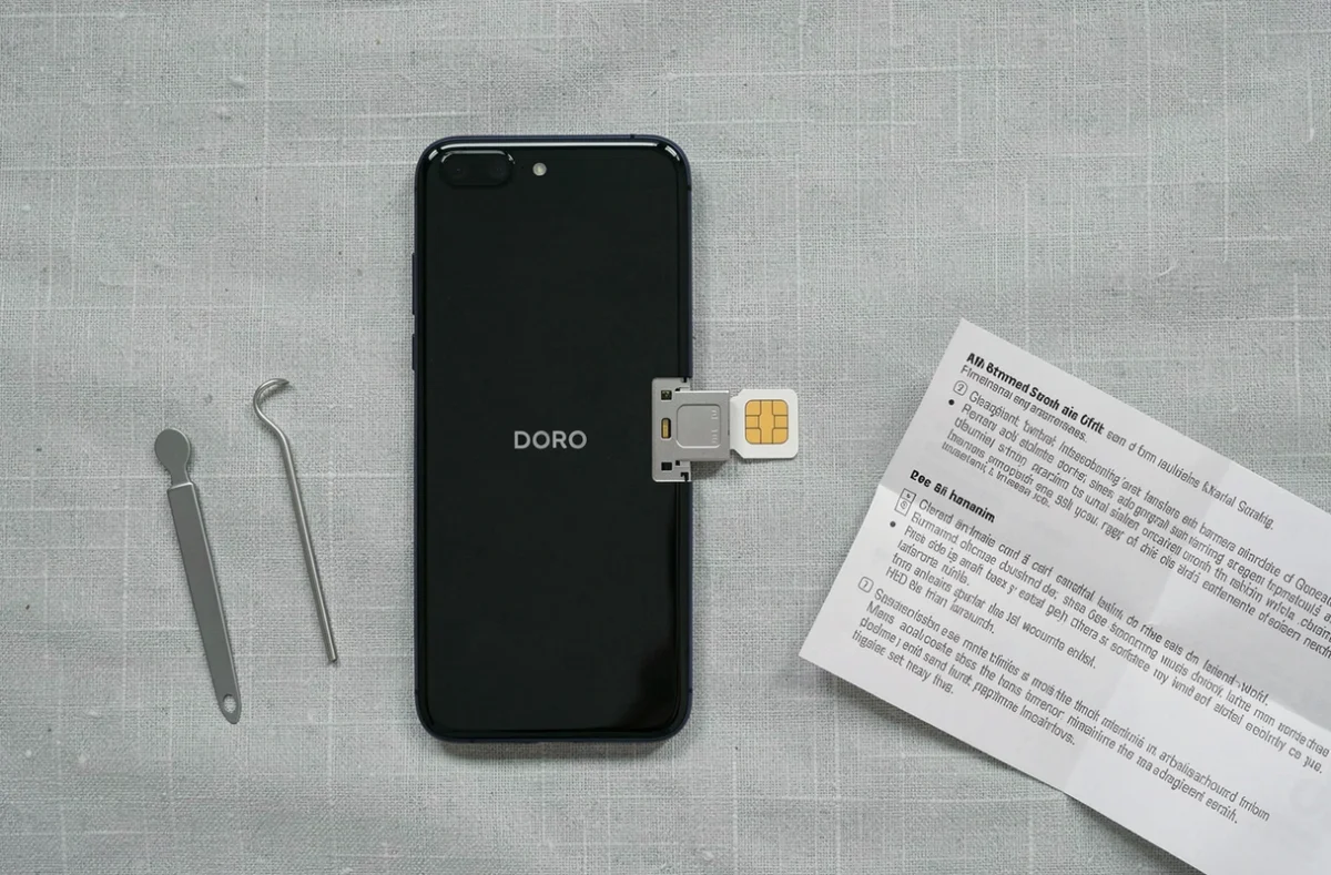 Vue de dessus d'un téléphone Doro avec un plateau SIM ouvert, une carte nano SIM et les accessoires d'insertion sur fond gris lin