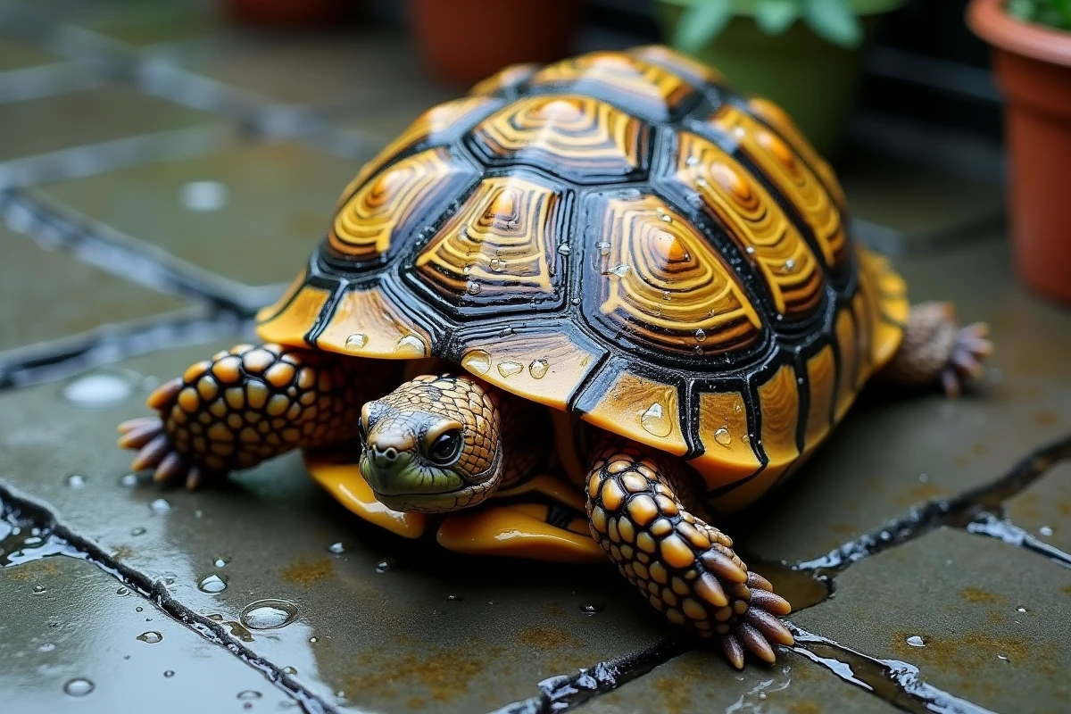 Gros plan sur la carapace d'une tortue de terre couverte de gouttes de pluie sur des dalles mouillées