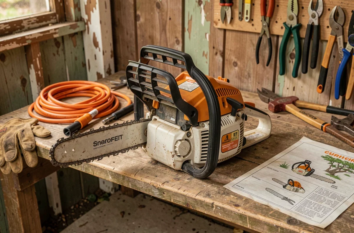 Gros plan d'une élagueuse thermique posée sur un établi en bois dans un atelier de jardinage rustique entouré d'outils
