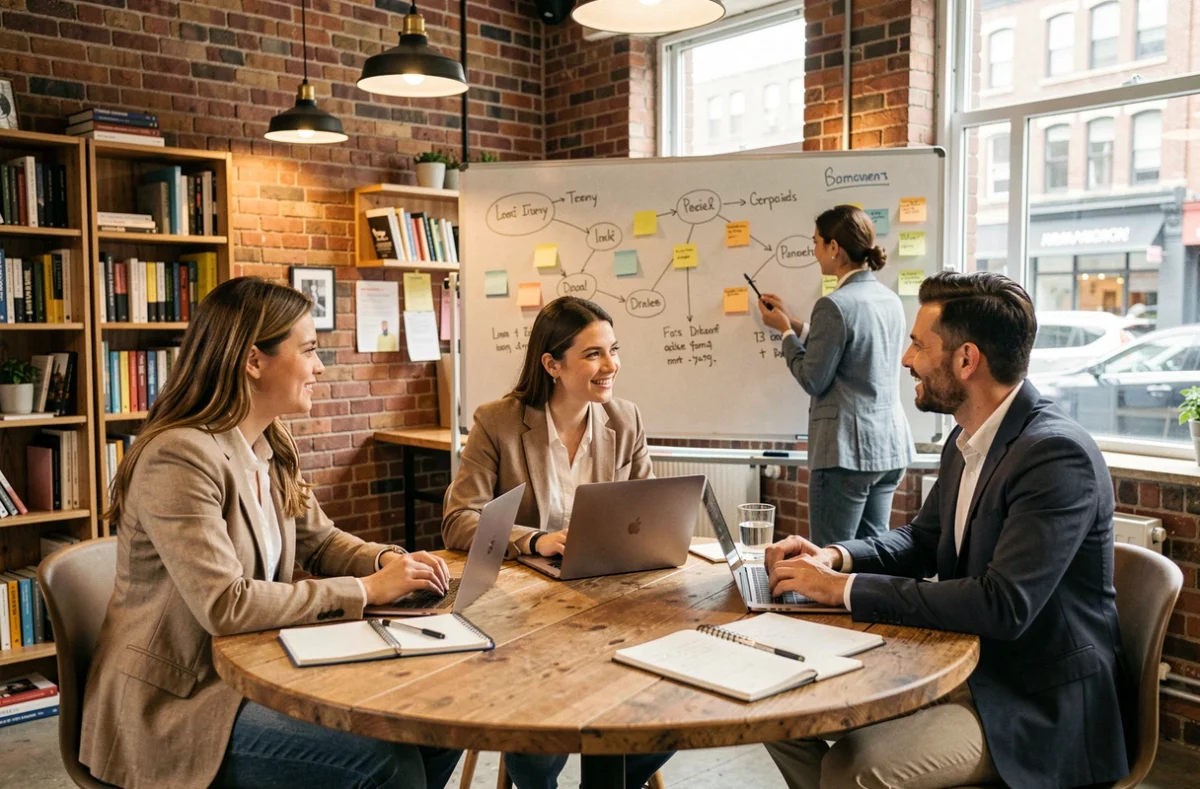 Groupe d'entrepreneurs collaborant lors d'un atelier stratégique dans un espace d'accélérateur de startups