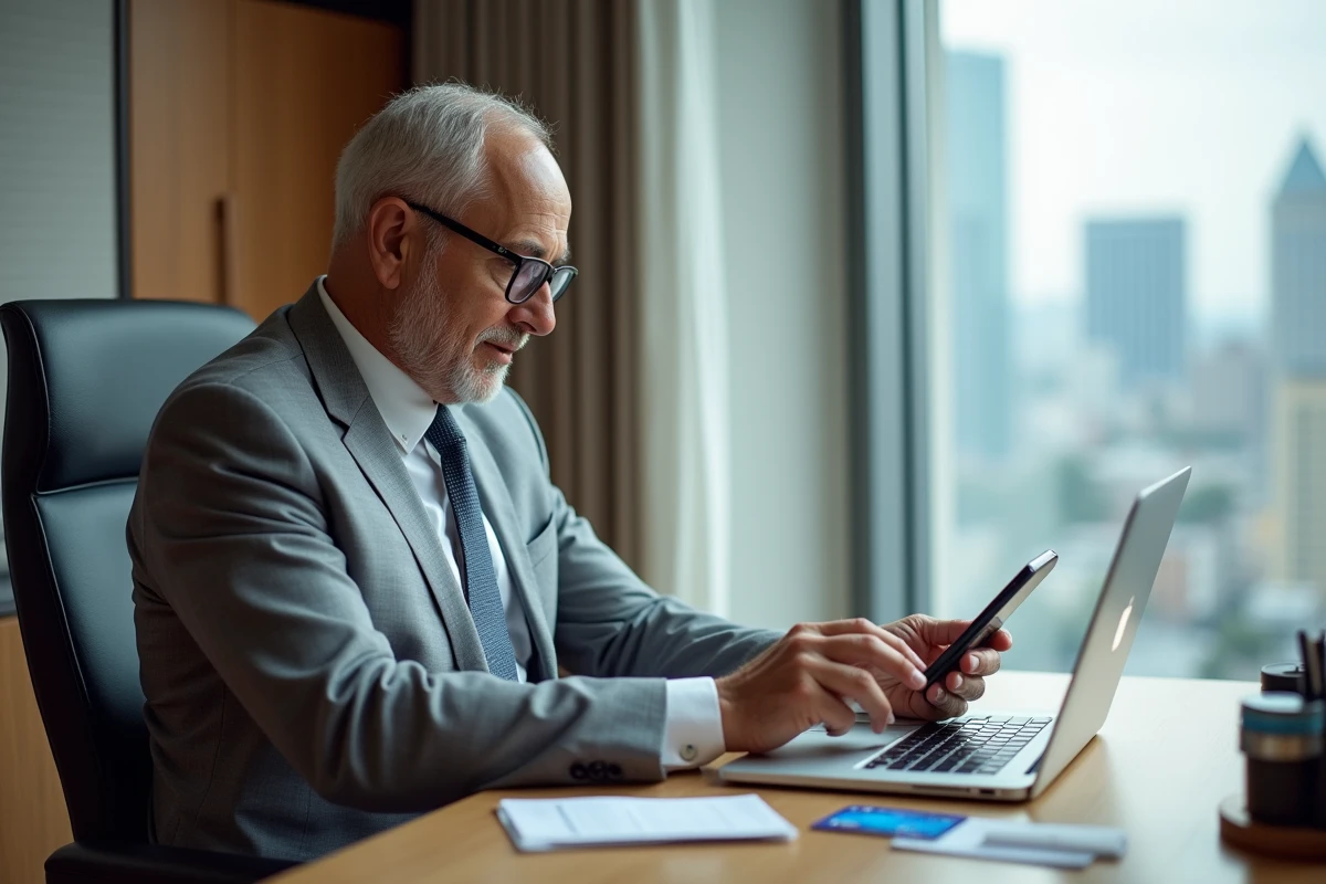 Homme d'affaires consultant son téléphone et sa carte Flying Blue Platinum dans une chambre d'hôtel pour contacter le service client
