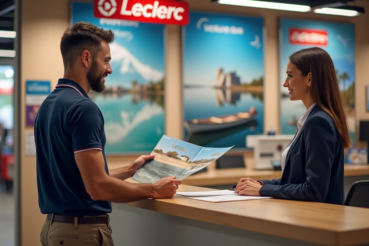 Homme consultant un conseiller voyage au comptoir de l'agence Leclerc avec des brochures promotionnelles