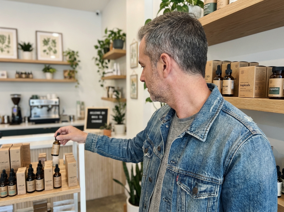 Homme examinant des produits CBD dans une boutique moderne