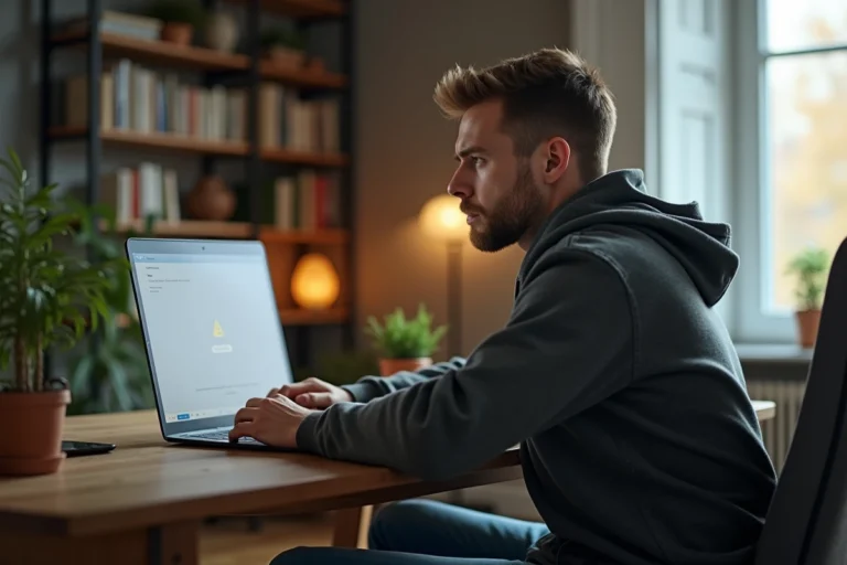 Homme en hoodie et jeans devant un ordinateur avec erreur logiciel
