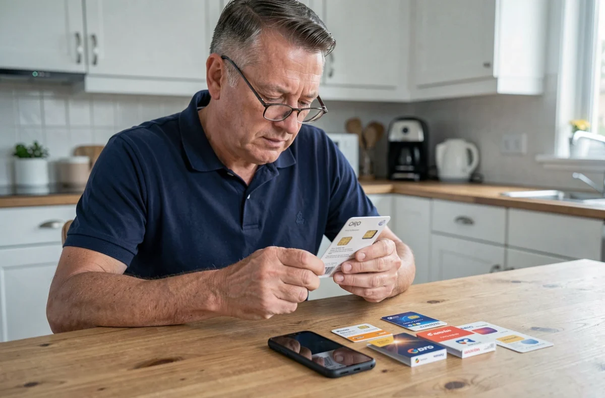 Un homme d'âge mûr comparant des offres de cartes SIM pour téléphone Doro sur une table de cuisine