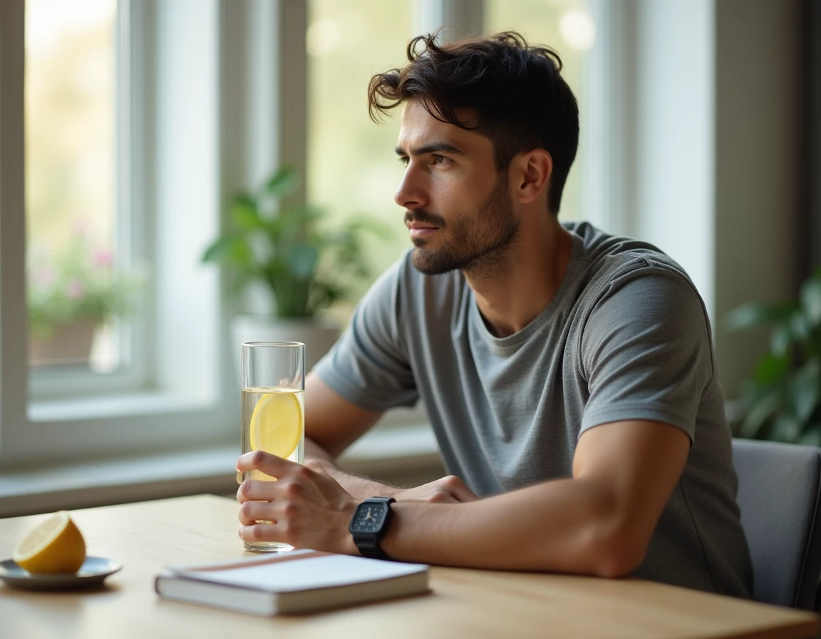 Homme tenant un verre d'eau citronnée le matin dans le cadre d'un protocole de jeûne intermittent