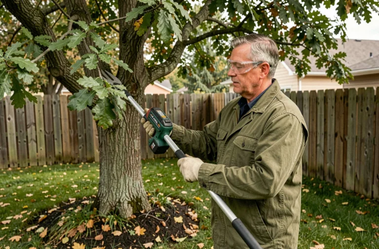 Homme utilisant une élagueuse à batterie sur perche pour tailler les branches d'un chêne dans un jardin résidentiel
