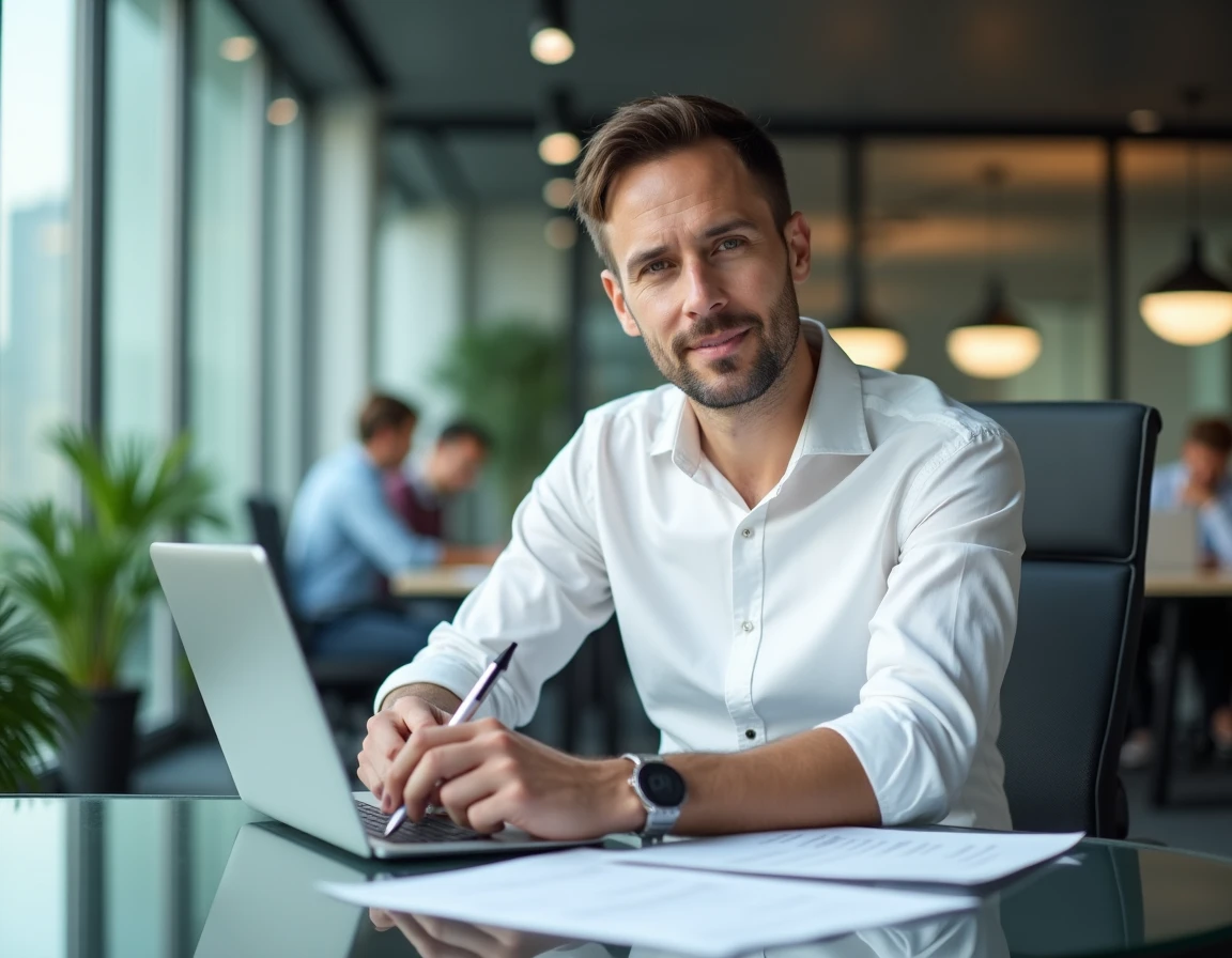 Homme professionnel consultant le formulaire 3233-SD sur tablette dans un bureau moderne
