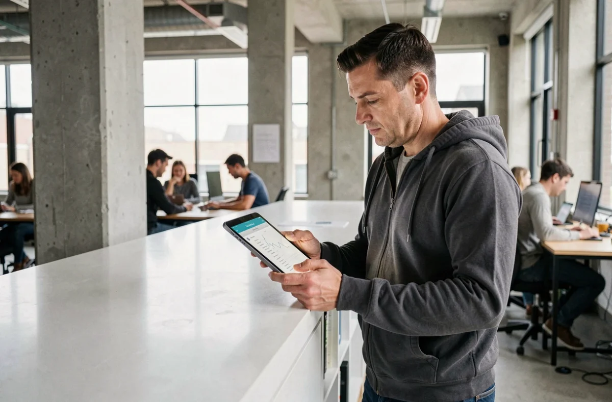 Homme consultant le plan du site d'un parc d'attractions sur une tablette dans un espace coworking