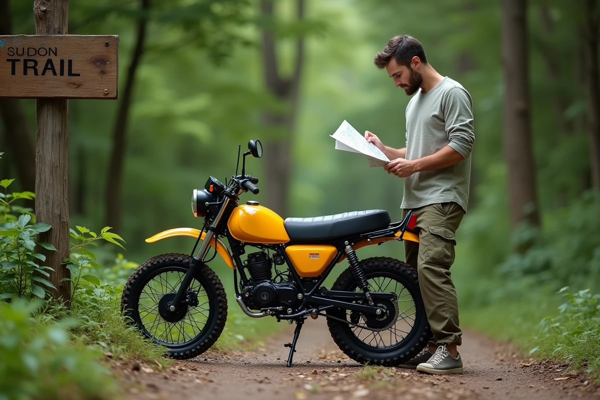 Honda Dax 125 jaune et noir posé en forêt avec un jeune homme consultant une carte, ambiance balade nature et aventure légère