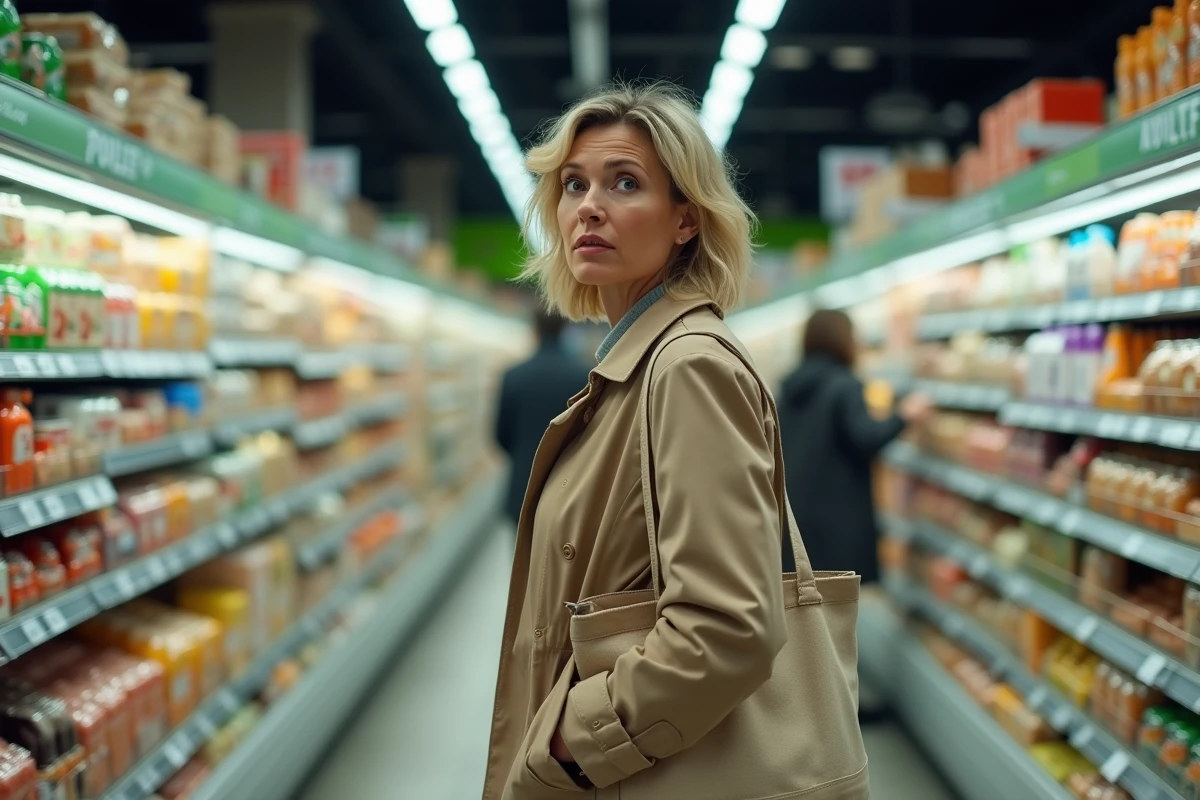 Une femme française dans un supermarché examine les étiquettes de prix des produits alimentaires, illustrant l'impact de l'inflation sur le pouvoir d'achat en France en 2025