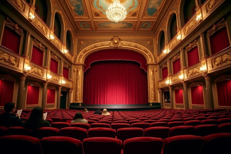 Vue intérieure du Théâtre Mogador depuis le fond de la salle avec les rangées de fauteuils rouges et la scène au loin