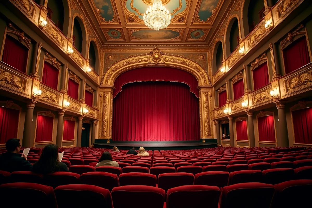 Vue intérieure du Théâtre Mogador depuis le fond de la salle avec les rangées de fauteuils rouges et la scène au loin