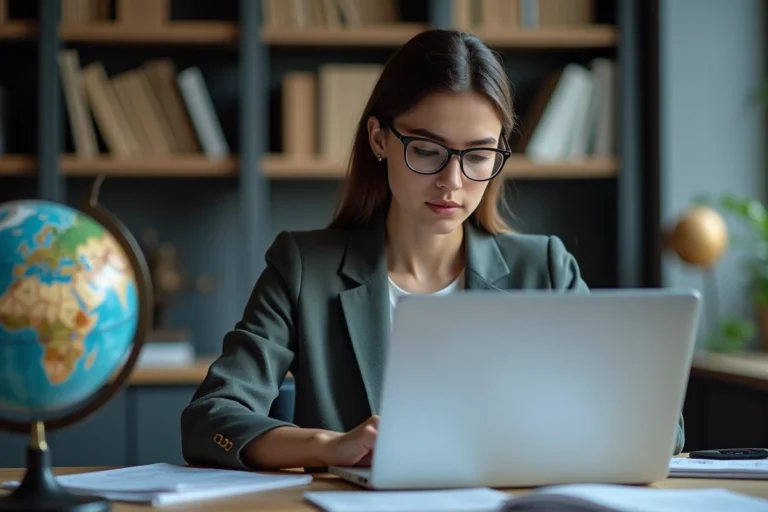 Jeune femme professionnelle examine des documents de brevets sur son ordinateur